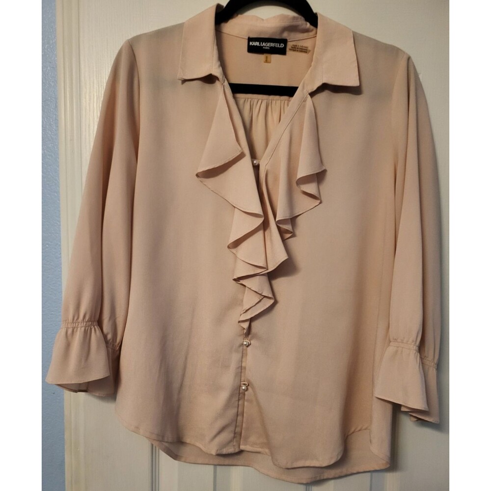 Women's Karl Lagerfeld Pink Blouse with Ruffle Jabot M Pearl Buttons Feminine